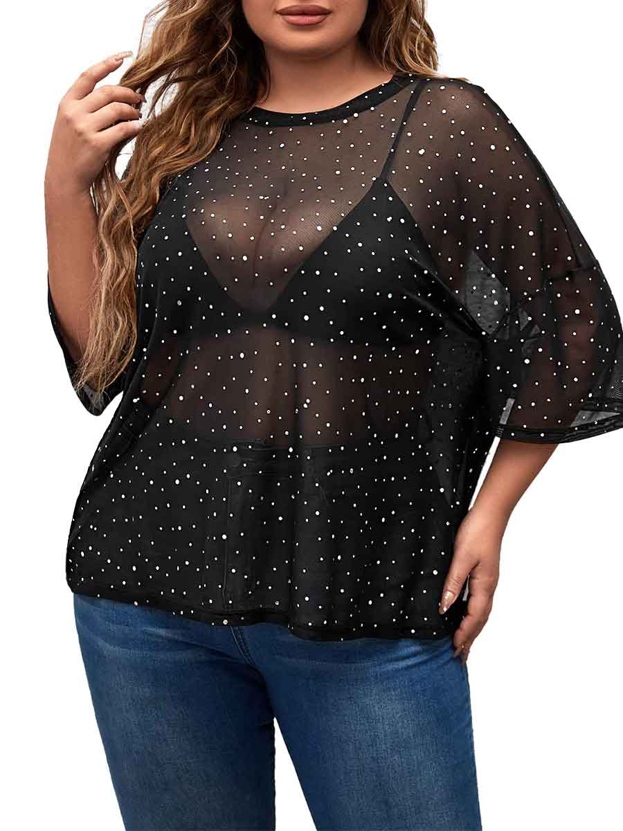 Short-Sleeved Round Neck Black Plus Size Rhinestone Shirts - Image 5
