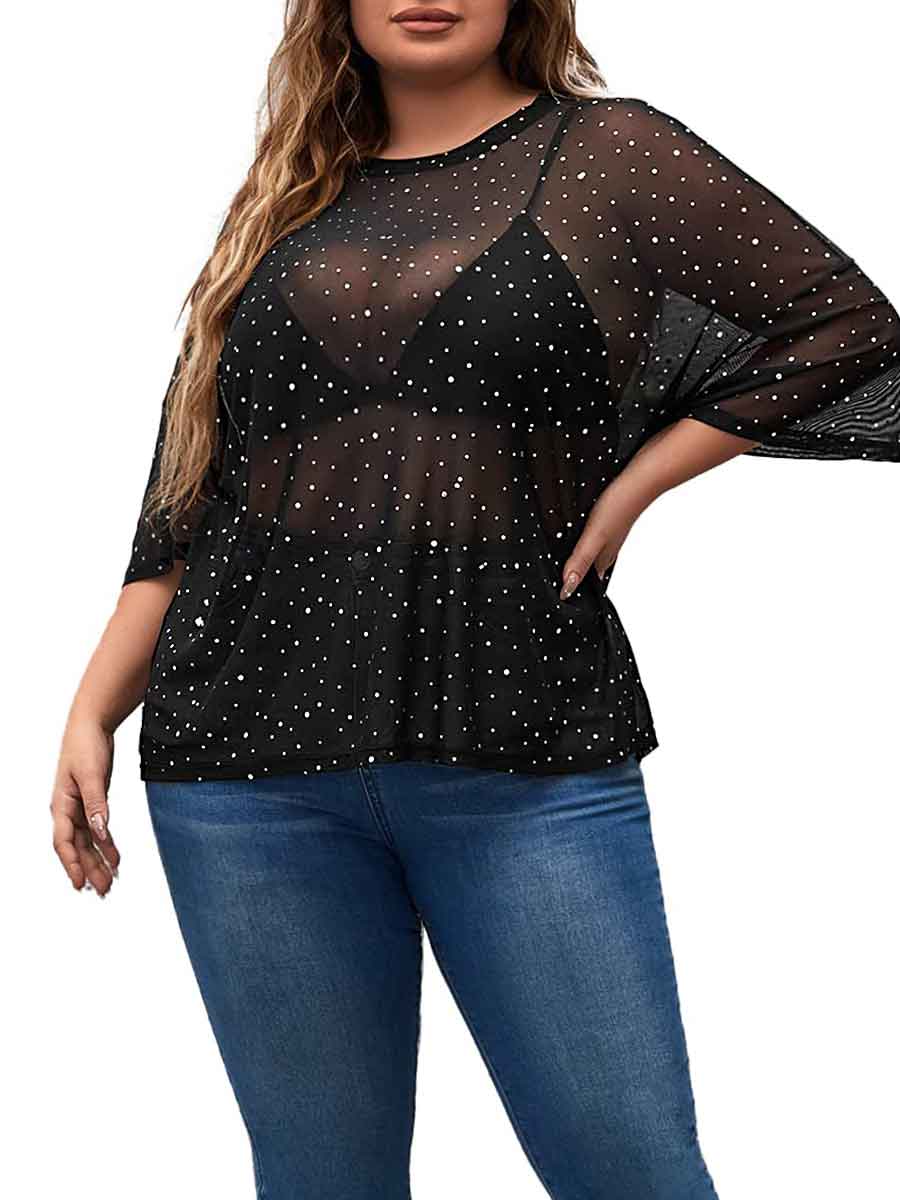 Short-Sleeved Round Neck Black Plus Size Rhinestone Shirts - Image 6