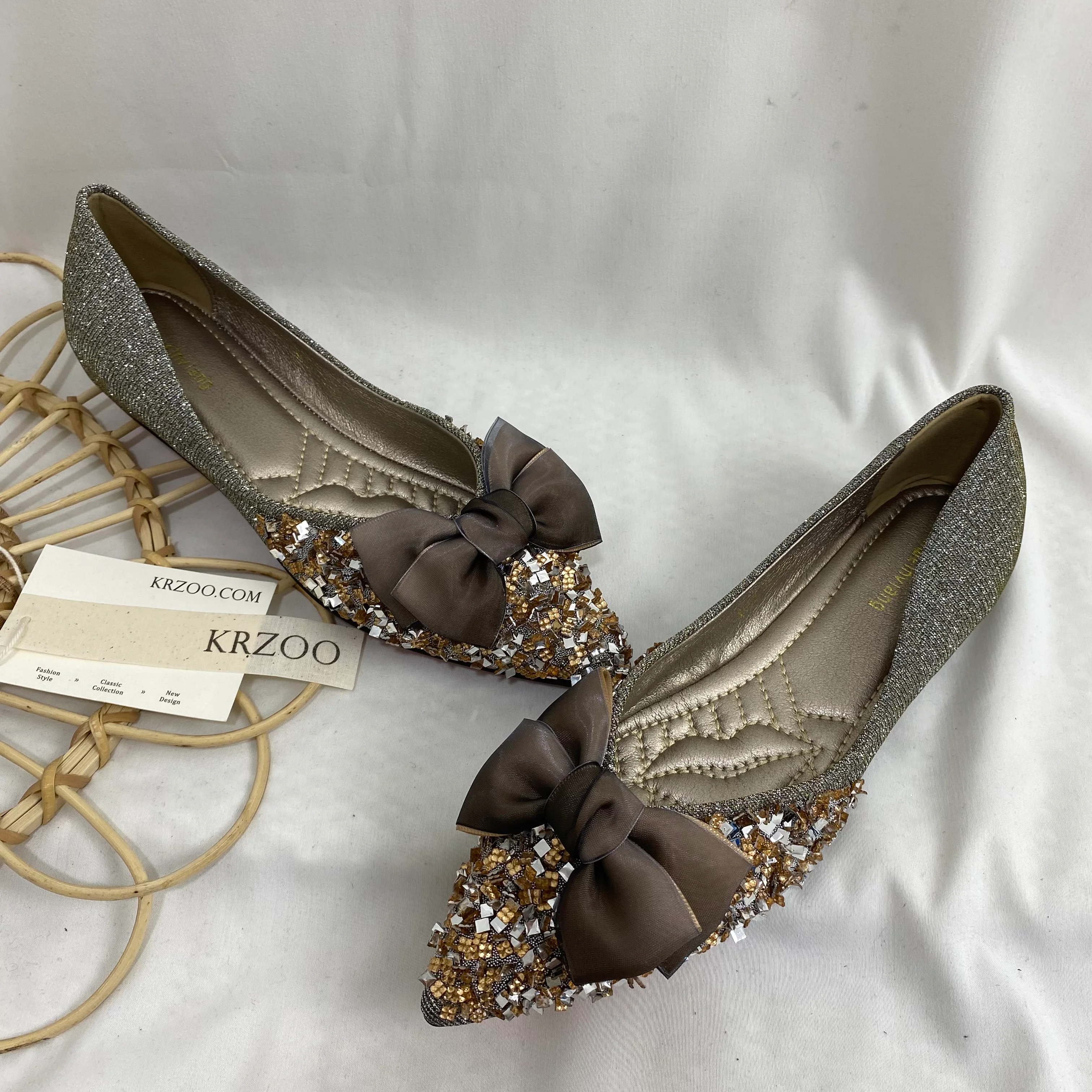 Pointed-Toe Flat Rhinestone Slippers