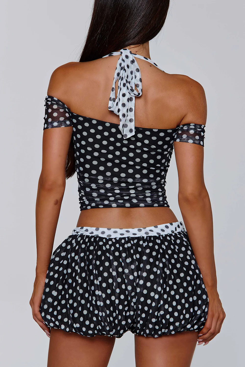 Polka Dot Off Shoulder Halter Top Pumpkin Shorts 2pcs Set-Black Pre Order - Image 3