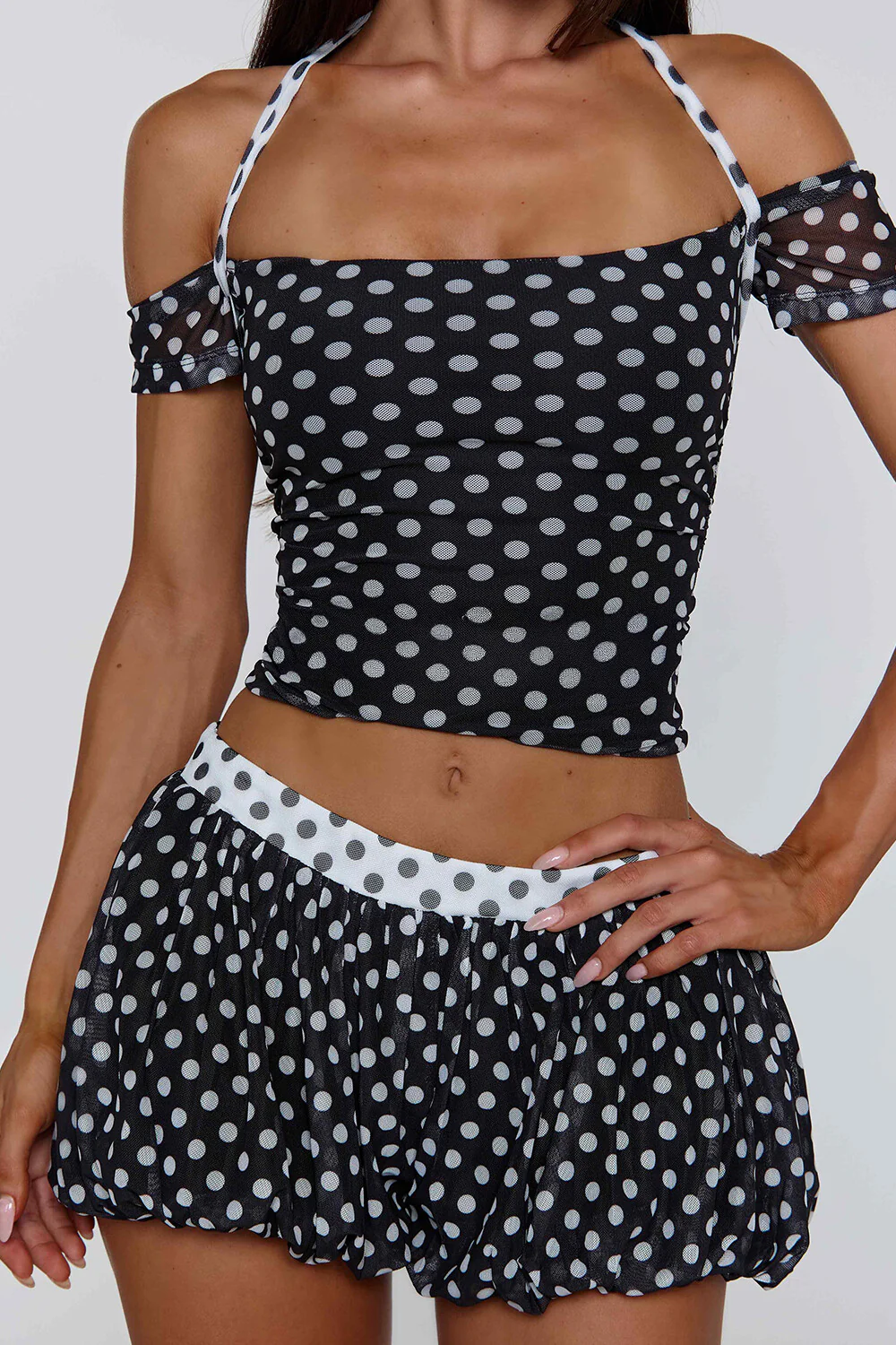 Polka Dot Off Shoulder Halter Top Pumpkin Shorts 2pcs Set-Black Pre Order - Image 4
