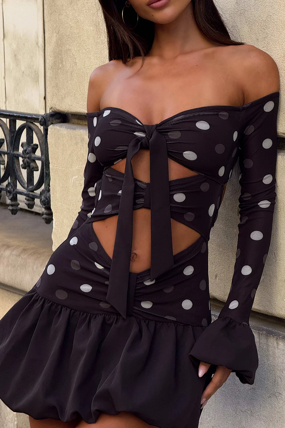 Polka Dot Off Shoulder Sleeve Cutout Bubble Mini Dresses-Black Pre Order - Image 3