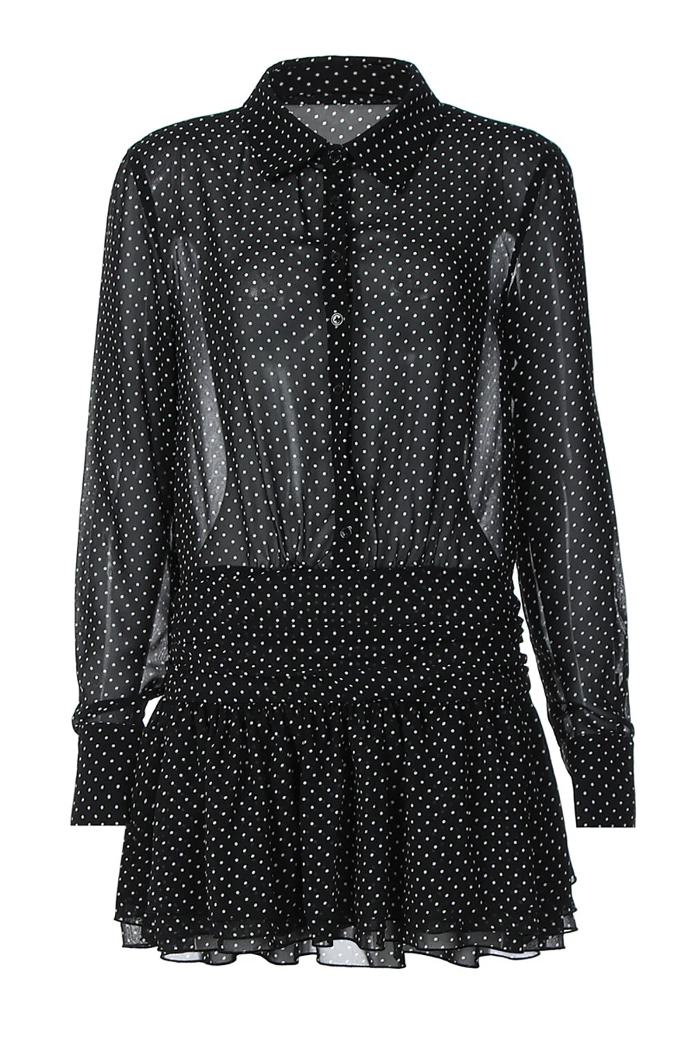 Polka Dot Print Long Sleeve Cinch Waist Mini Shirt Dresses-Black - Image 9