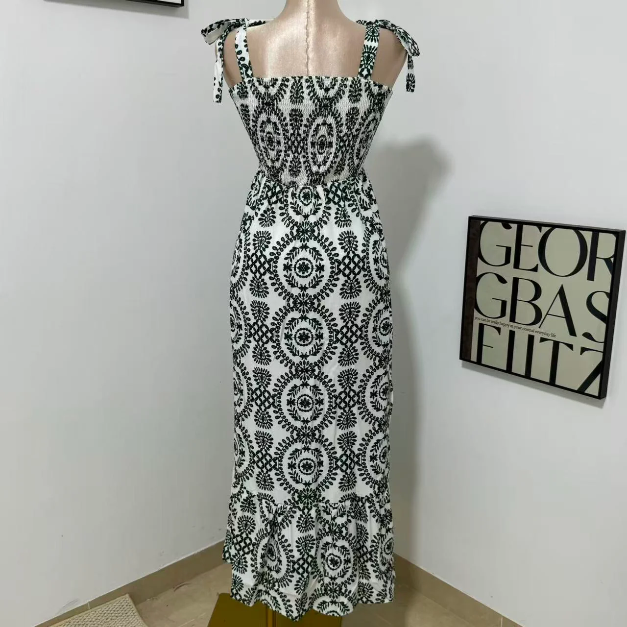 Printed Sleeveless Strappy Dress with Slit - Image 3