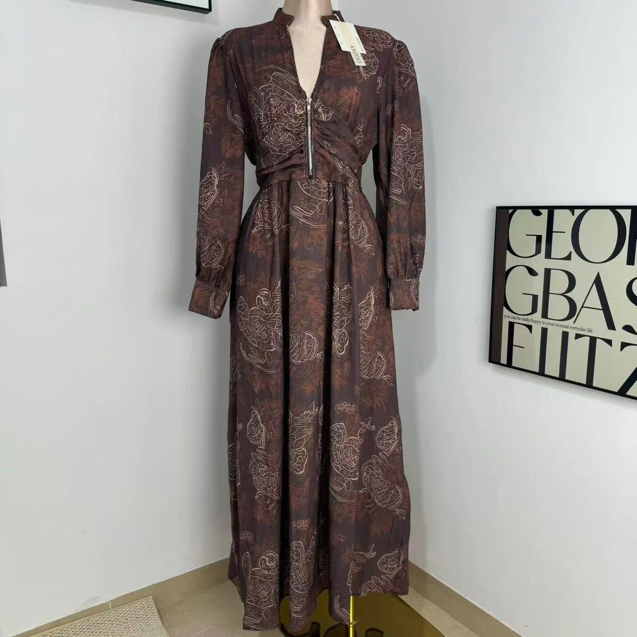Printed V-Neck Maxi Dress with Puff Sleeves