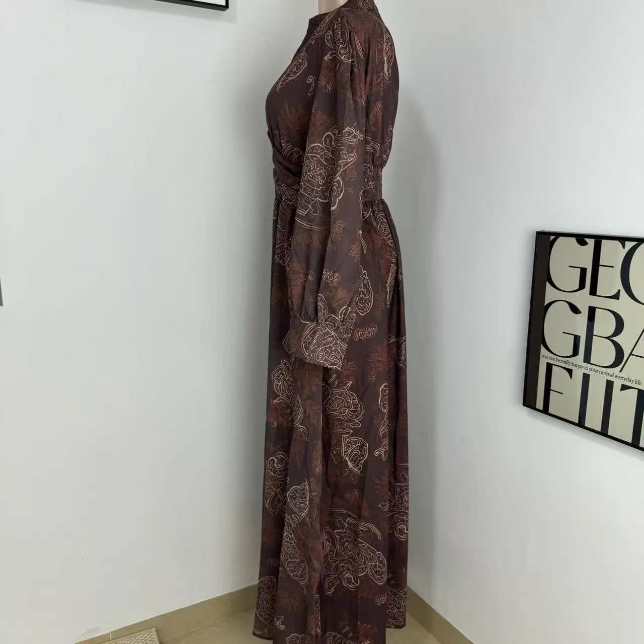 Printed V-Neck Maxi Dress with Puff Sleeves - Image 2