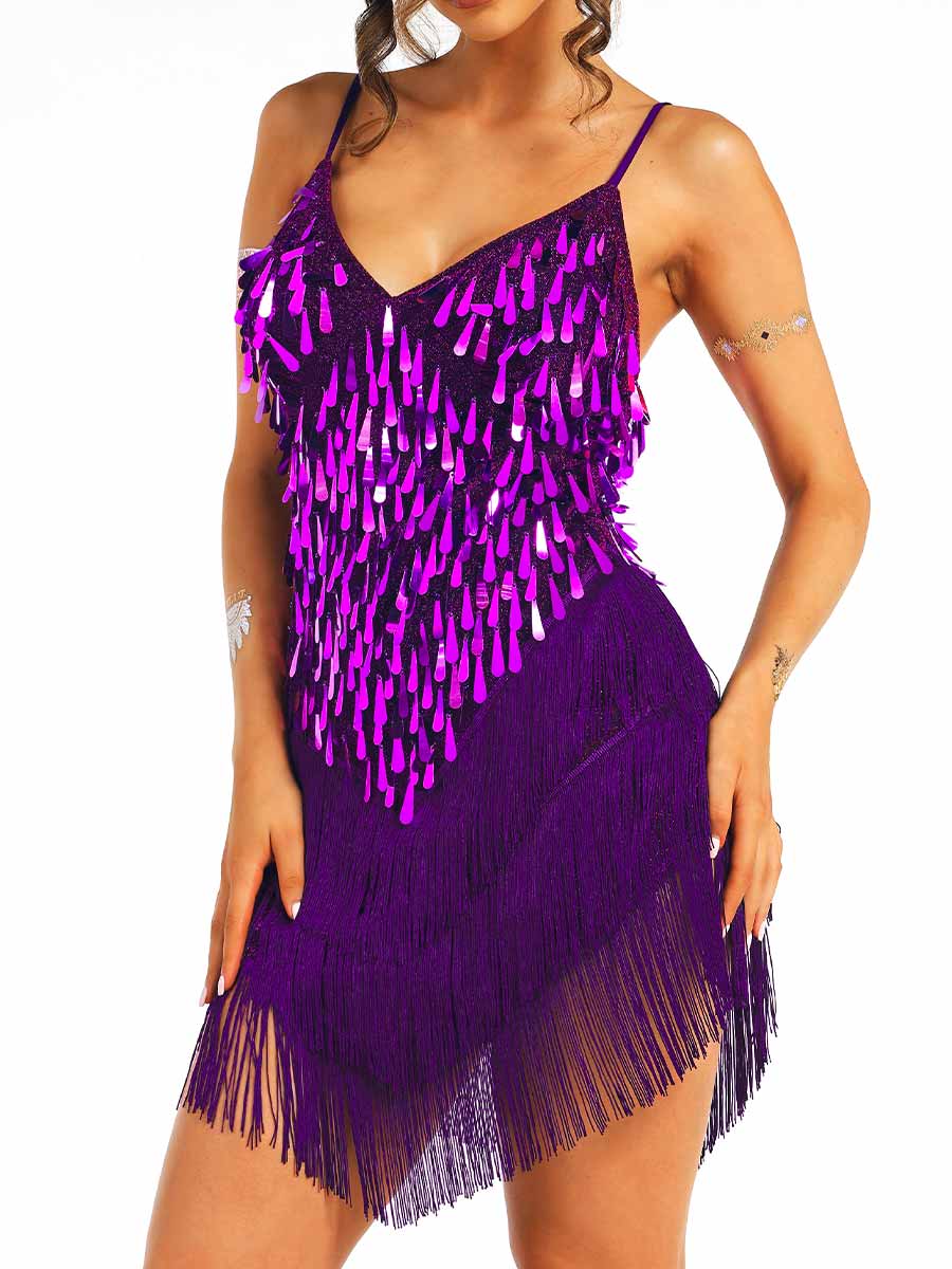 Purple Sequin Tassel Spaghetti Strap Dress - Image 3
