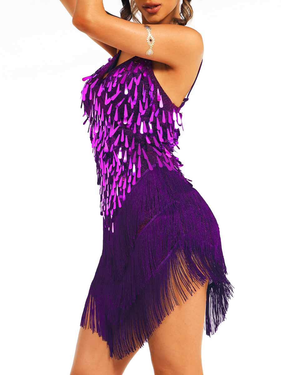 Purple Sequin Tassel Spaghetti Strap Dress - Image 4