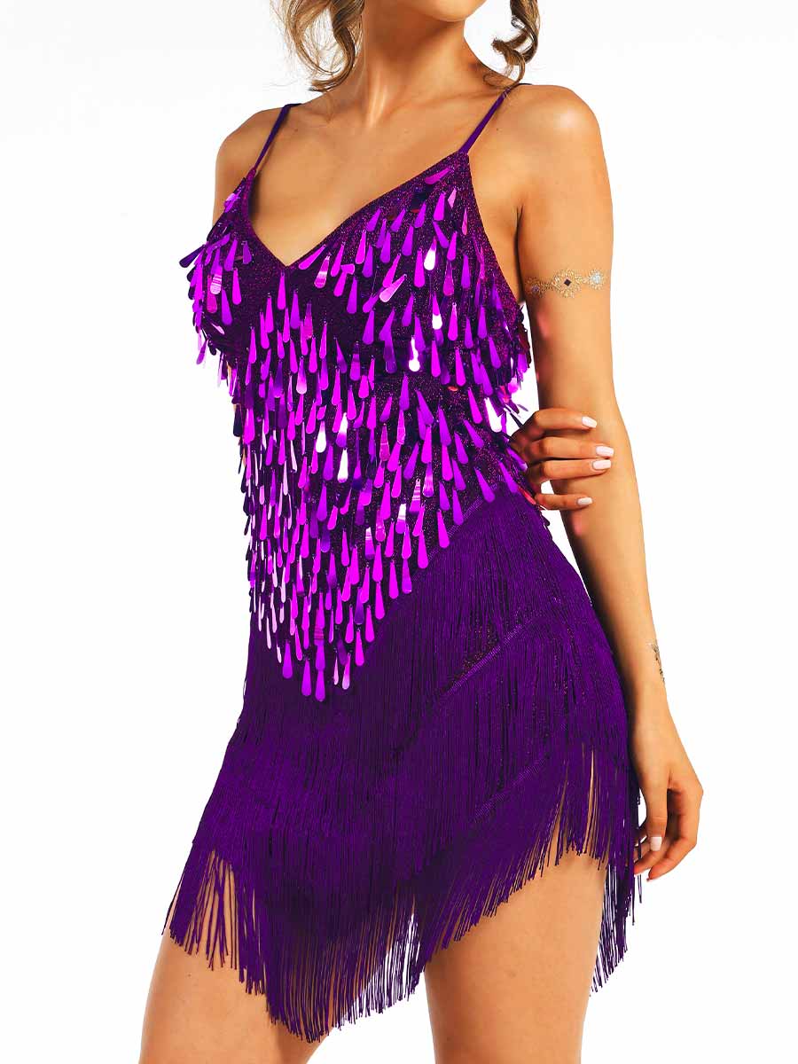 Purple Sequin Tassel Spaghetti Strap Dress - Image 5