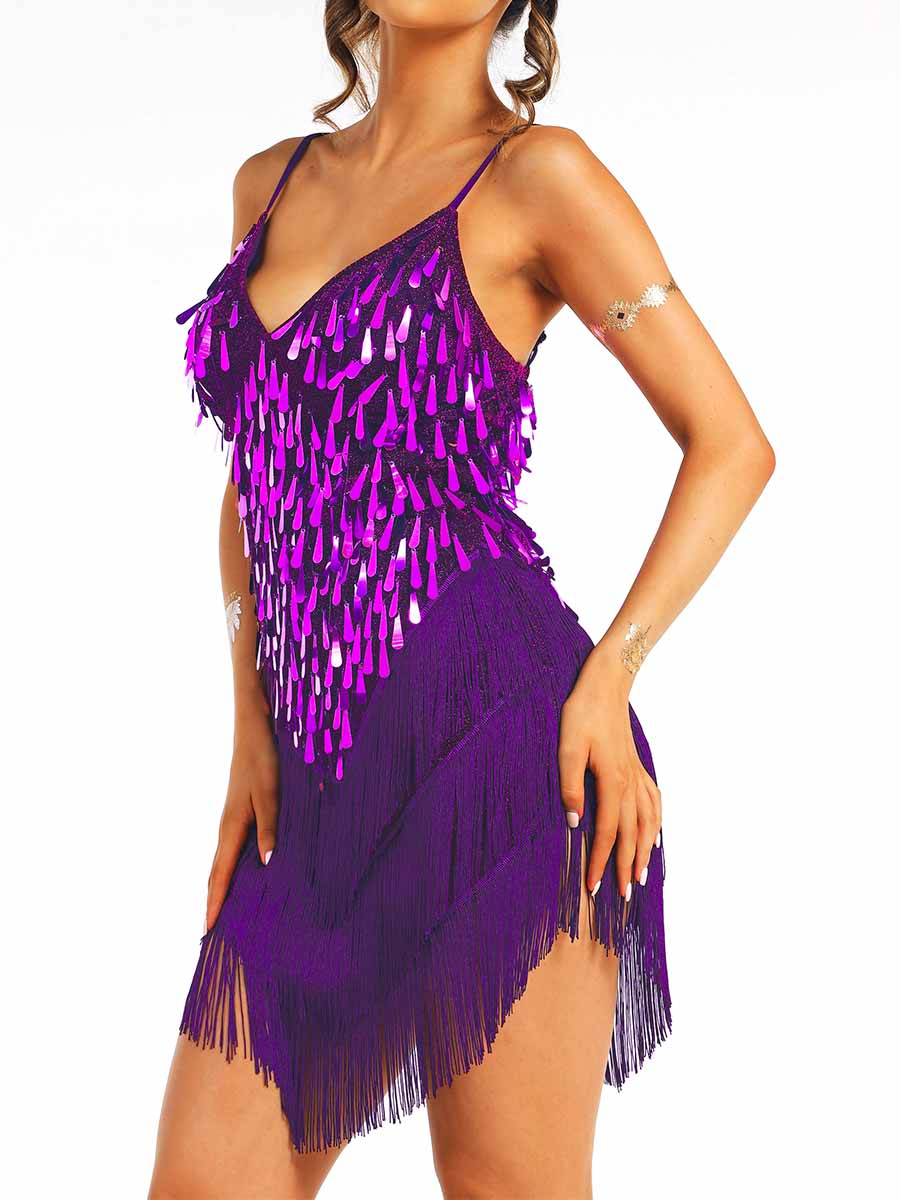 Purple Sequin Tassel Spaghetti Strap Dress - Image 6