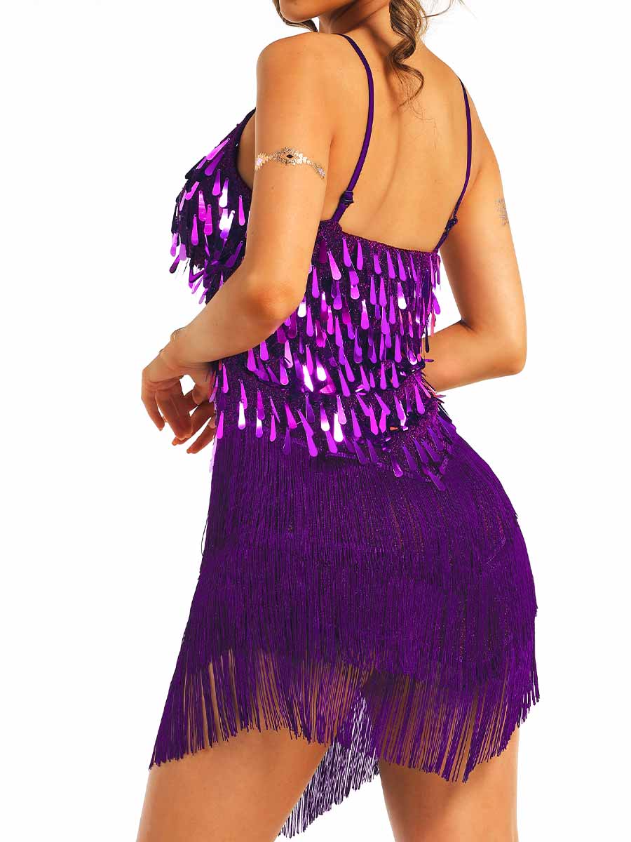 Purple Sequin Tassel Spaghetti Strap Dress - Image 7