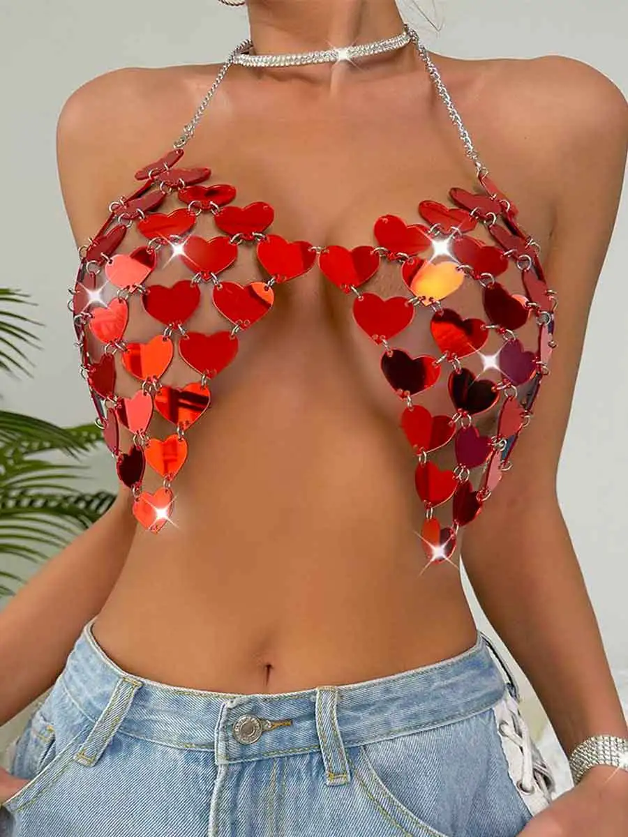 Red Sequin Bra - Heart Sequin Bralette Backless Top - Image 5