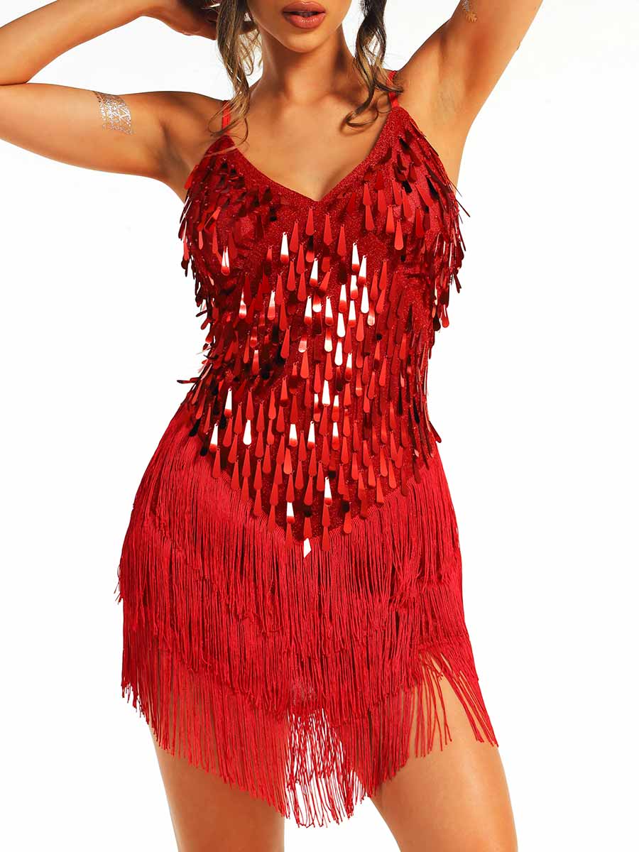 Red Sequin Fringe Spaghetti Strap Dress - Image 2