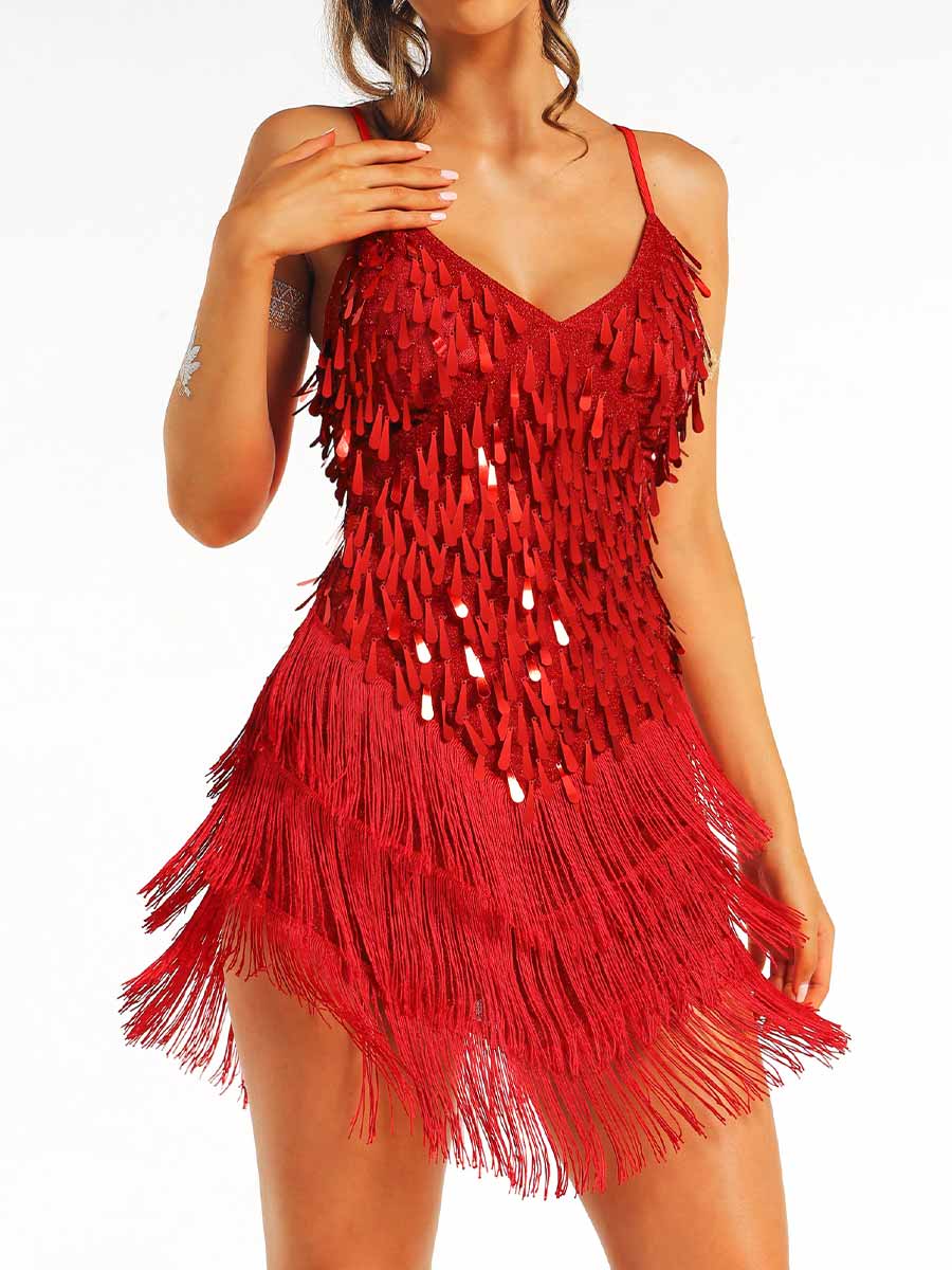 Red Sequin Fringe Spaghetti Strap Dress - Image 3