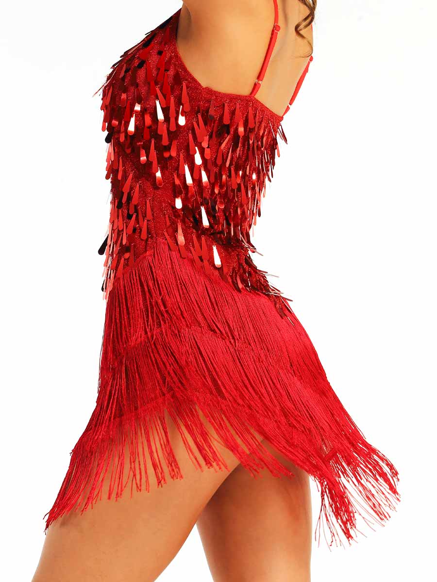 Red Sequin Fringe Spaghetti Strap Dress - Image 4