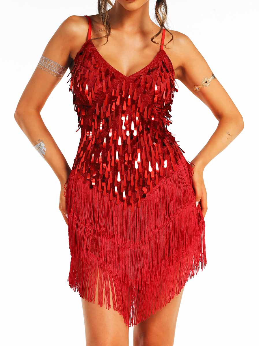 Red Sequin Fringe Spaghetti Strap Dress - Image 5