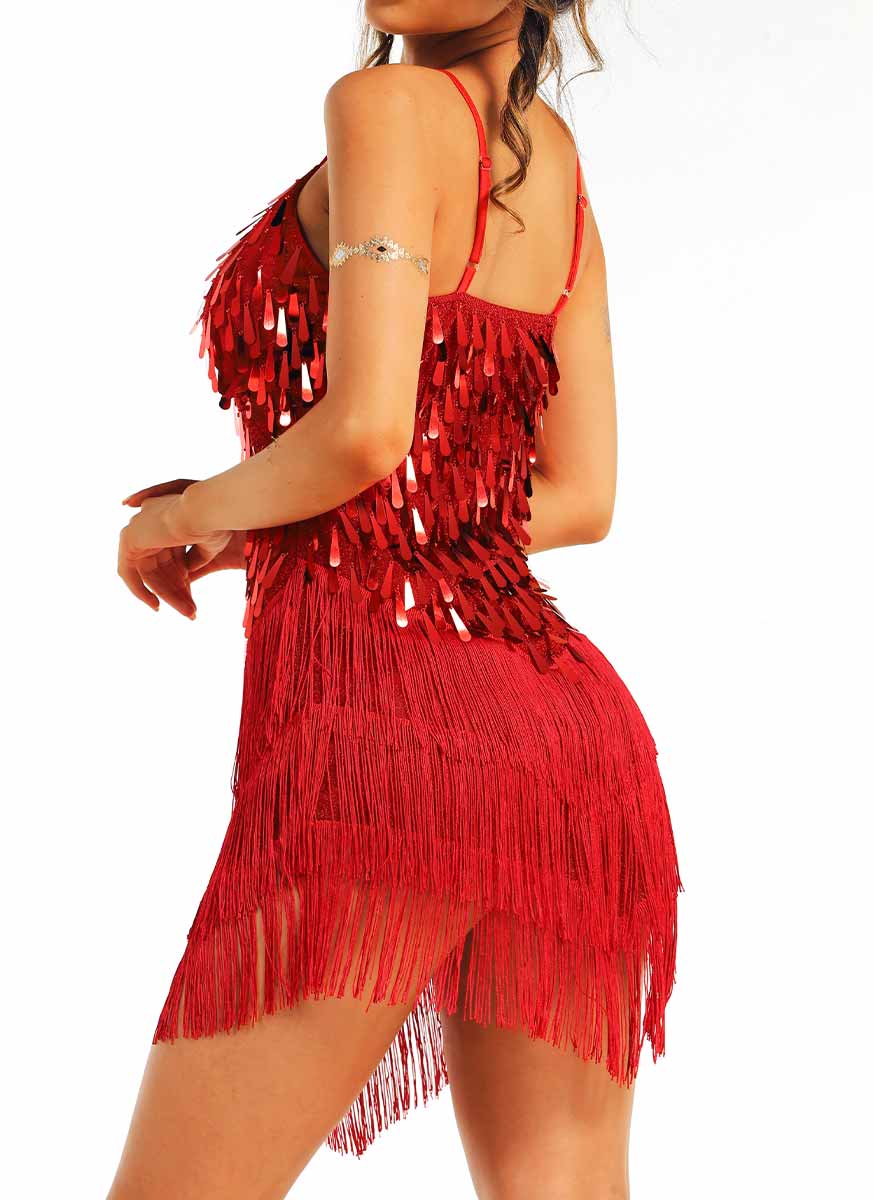 Red Sequin Fringe Spaghetti Strap Dress - Image 6