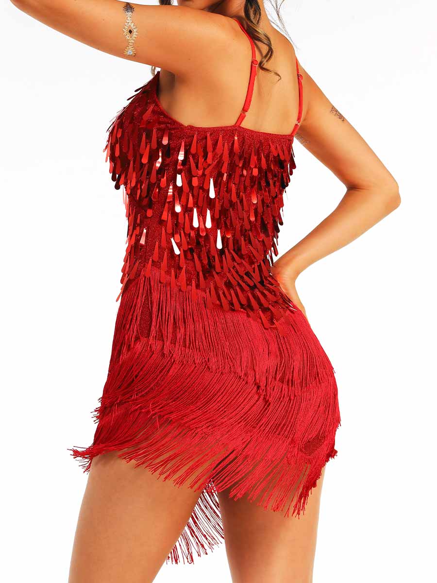 Red Sequin Fringe Spaghetti Strap Dress - Image 7