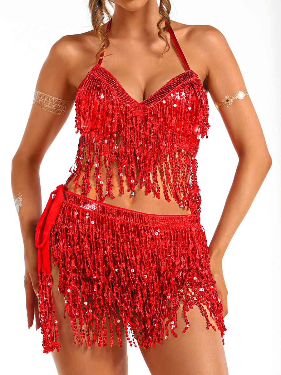Red Sequin Tassel Two-Piece Set - Image 2