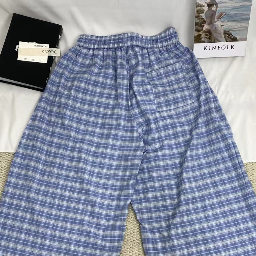 Retro Blue Curved-Leg Plaid Trousers - Image 4