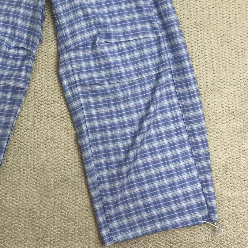 Retro Blue Curved-Leg Plaid Trousers - Image 6