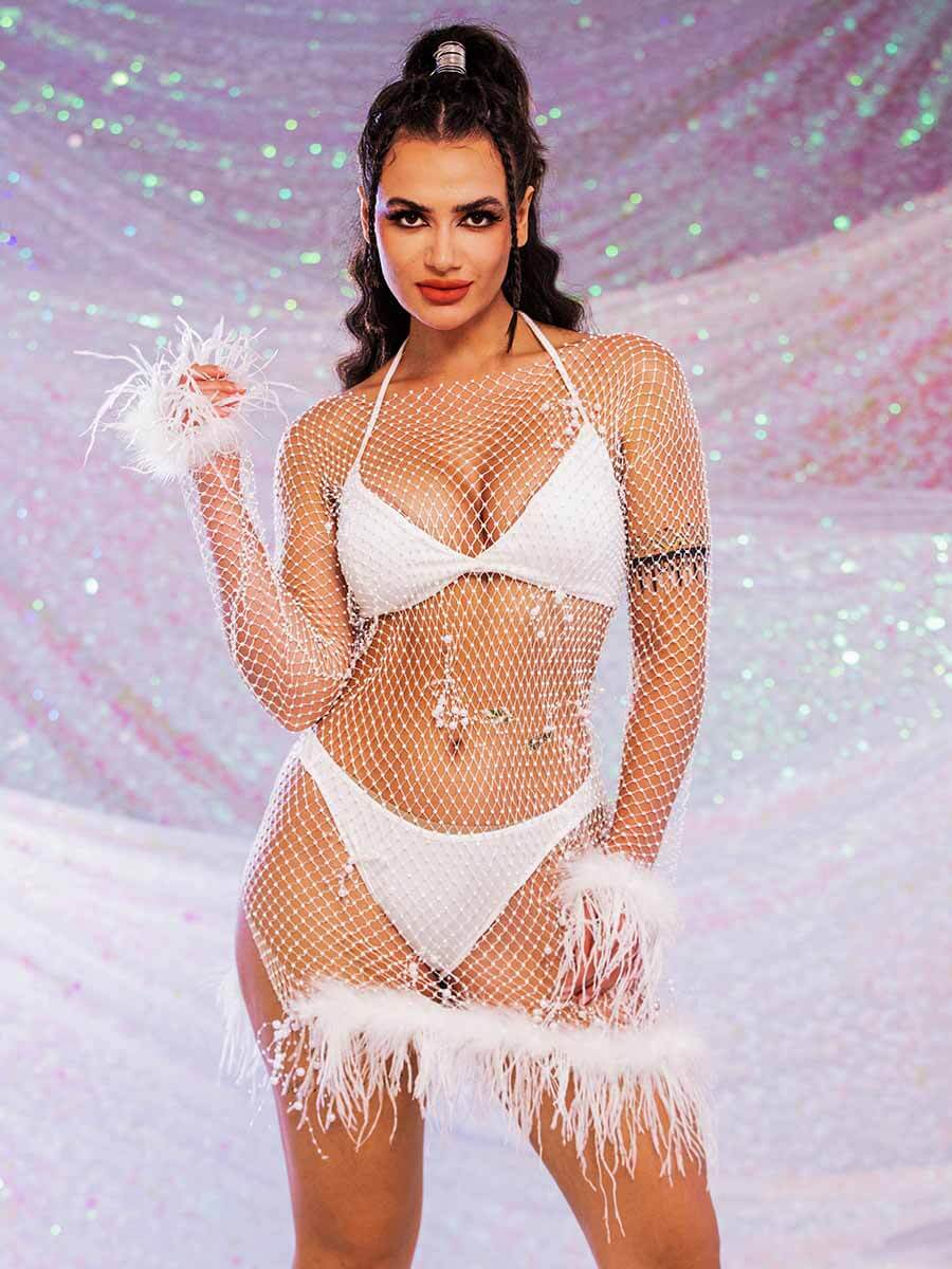 Rhinestone Dress With Feathers - Mesh Pearl Dress - Image 4