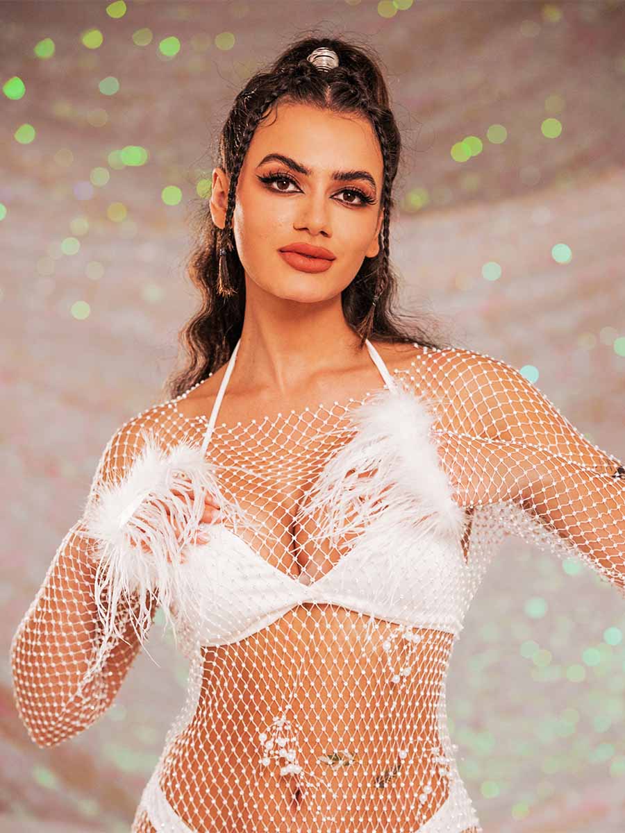 Rhinestone Dress With Feathers - Mesh Pearl Dress - Image 6