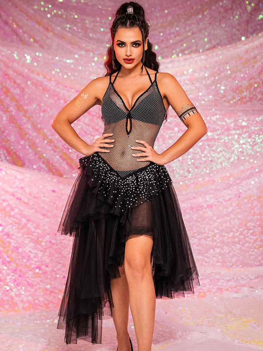 V-Neck Rhinestone Black Dress - Mesh Patchwork Tulle Dress - Image 2