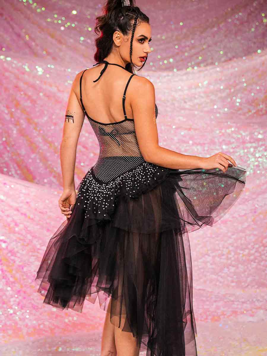 V-Neck Rhinestone Black Dress - Mesh Patchwork Tulle Dress - Image 3