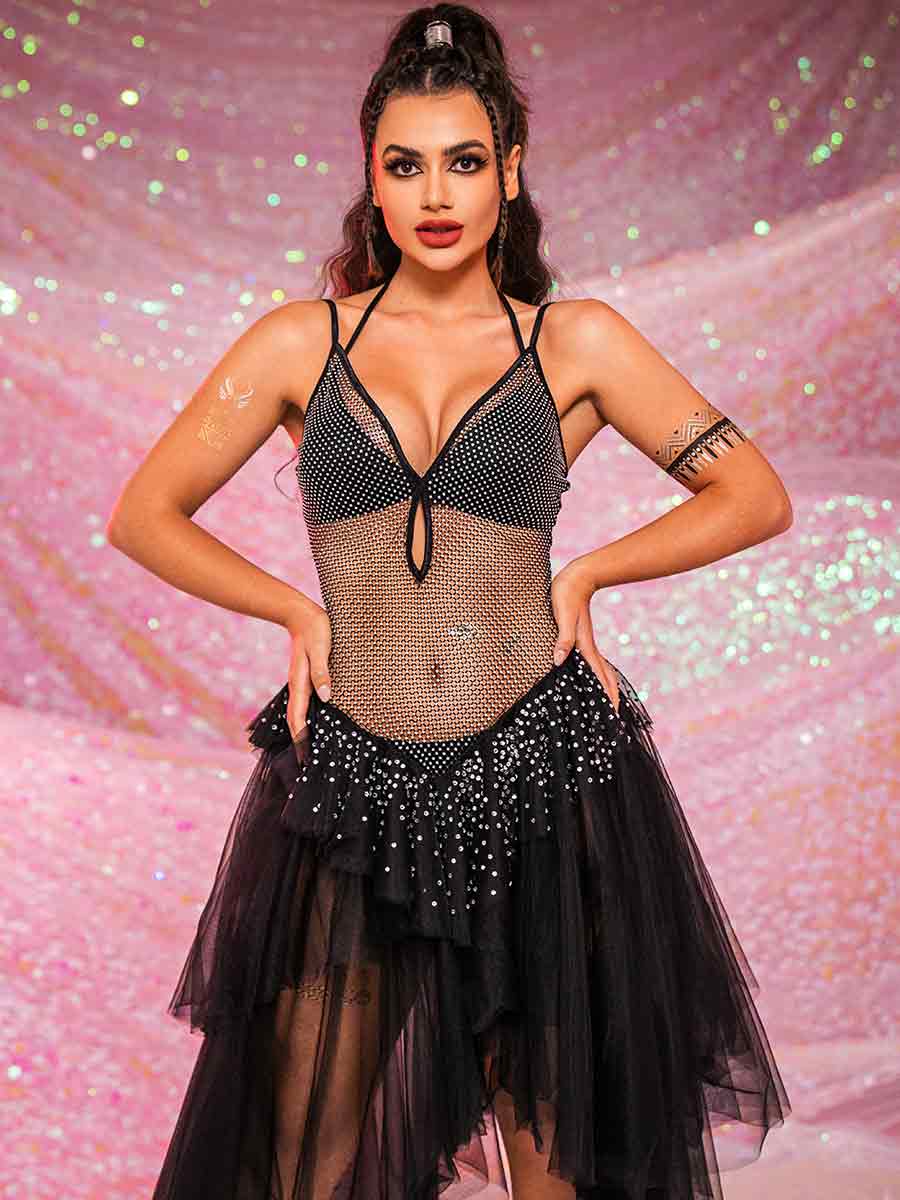 V-Neck Rhinestone Black Dress - Mesh Patchwork Tulle Dress - Image 5