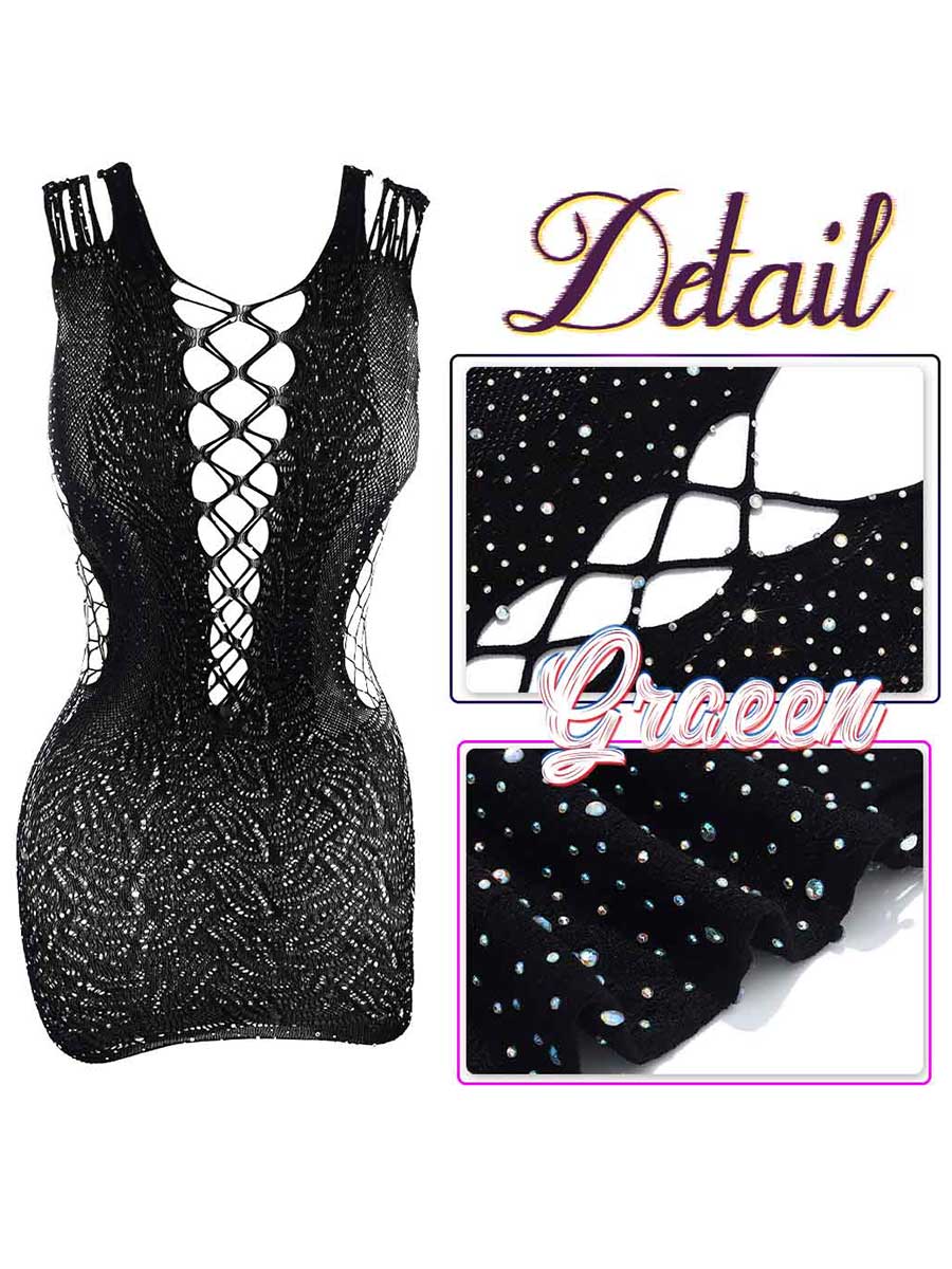 Rhinestone Black Lace Hollow Mini Dress - Image 6