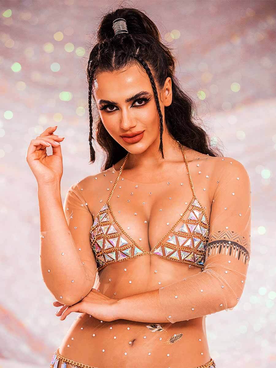 Rhinestone Chain Bra - V-Neck Halter Crystal Bra Top - Image 2