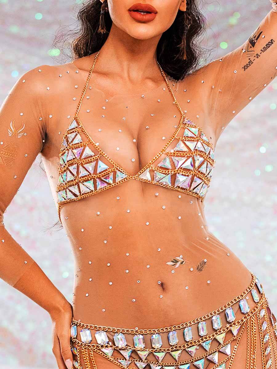 Rhinestone Chain Bra - V-Neck Halter Crystal Bra Top - Image 4