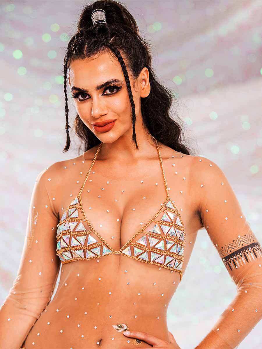 Rhinestone Chain Bra - V-Neck Halter Crystal Bra Top - Image 6