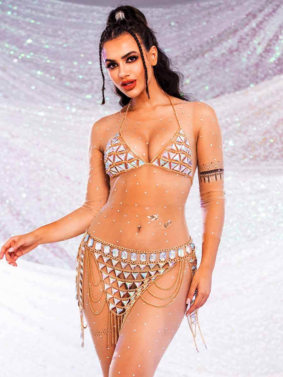 Rhinestone Chain Bra - V-Neck Halter Crystal Bra Top - Image 7
