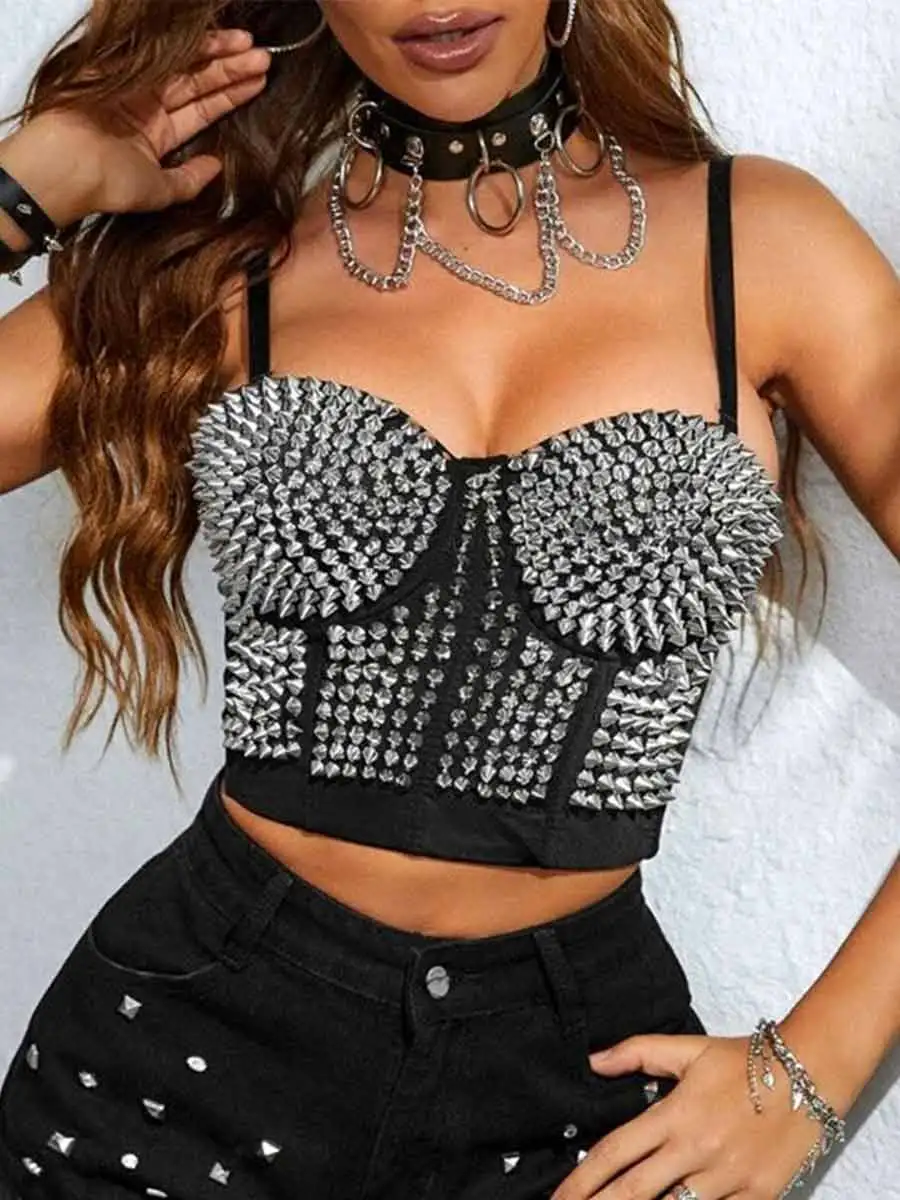 Women's Black Punk Style Rhinestone Corset Bustier Top - Image 3