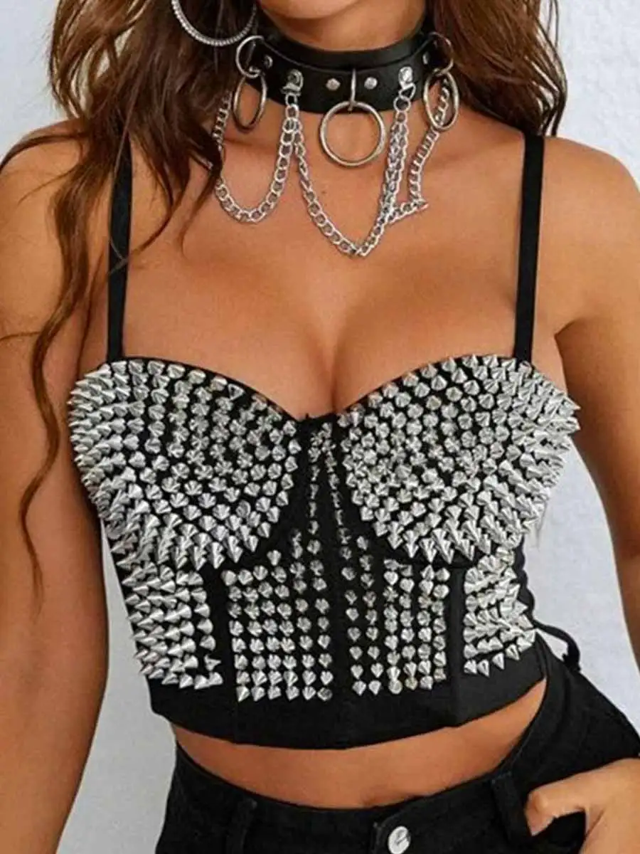 Women's Black Punk Style Rhinestone Corset Bustier Top - Image 5
