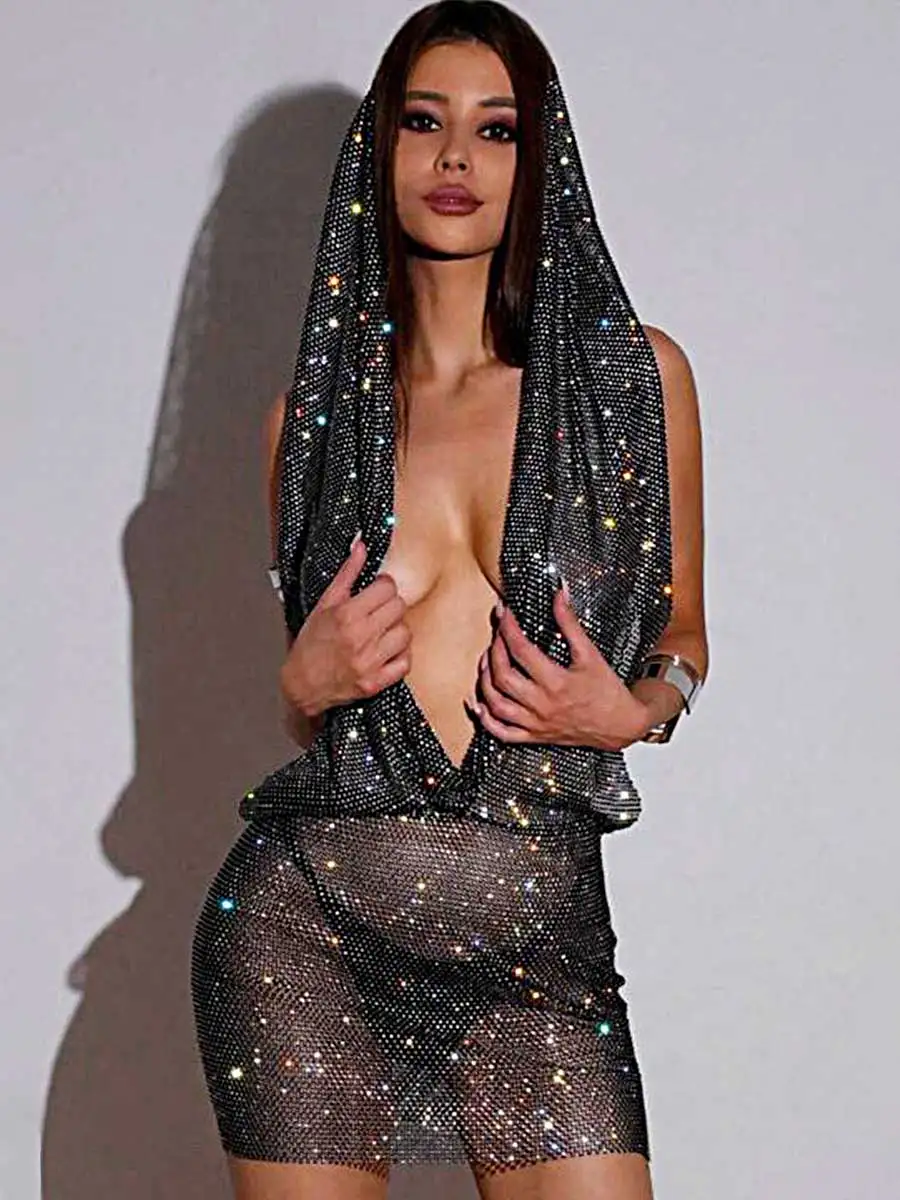 Rhinestone Cover Up Dress - Mesh Hooded Dress