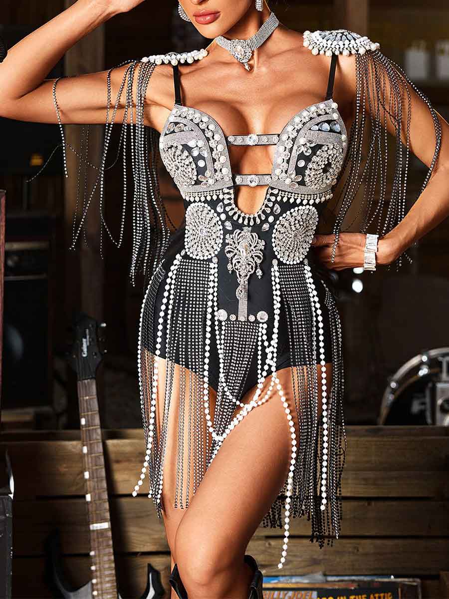 Rhinestone Fringe Cut-Out Bodysuit (Luxury) - Image 3