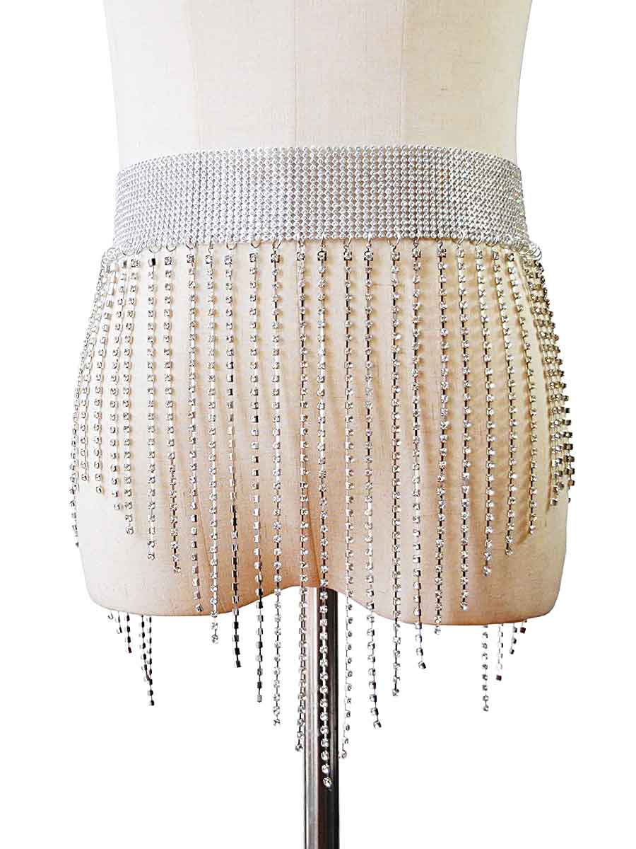 Sparkling Metallic Body Chain Rhinestone Fringe Skirt - Image 2