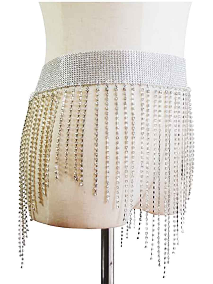 Sparkling Metallic Body Chain Rhinestone Fringe Skirt - Image 3