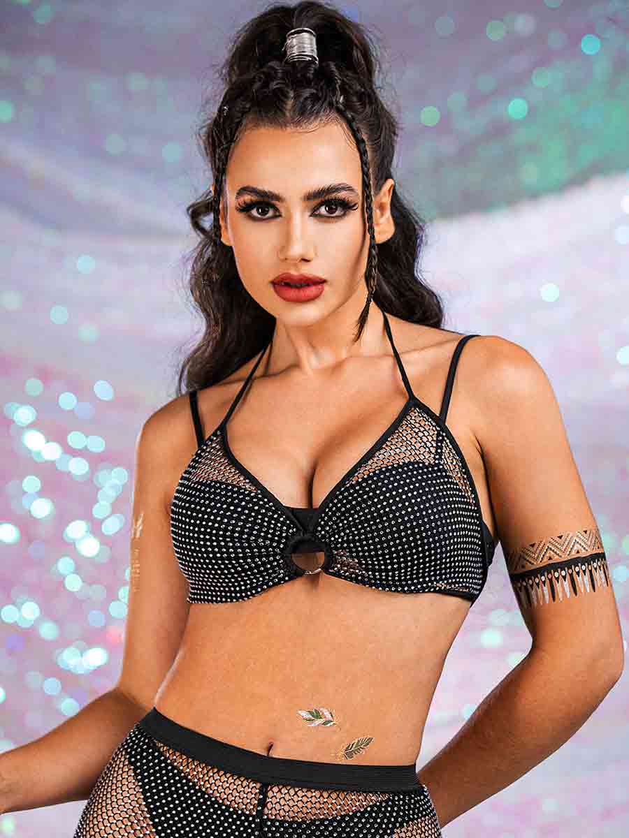 Rhinestone Mesh Bra + Mesh Spliced Lace Flared Pants - Image 3