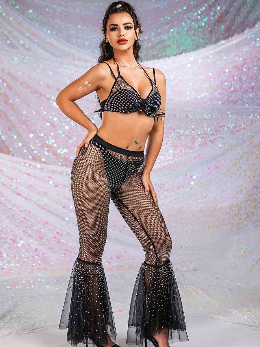 Rhinestone Mesh Bra + Mesh Spliced Lace Flared Pants - Image 5