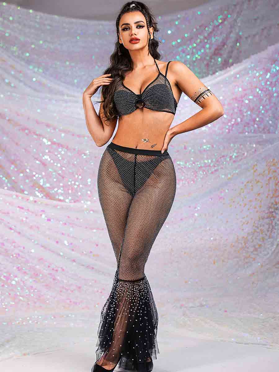 Rhinestone Mesh Bra + Mesh Spliced Lace Flared Pants - Image 6