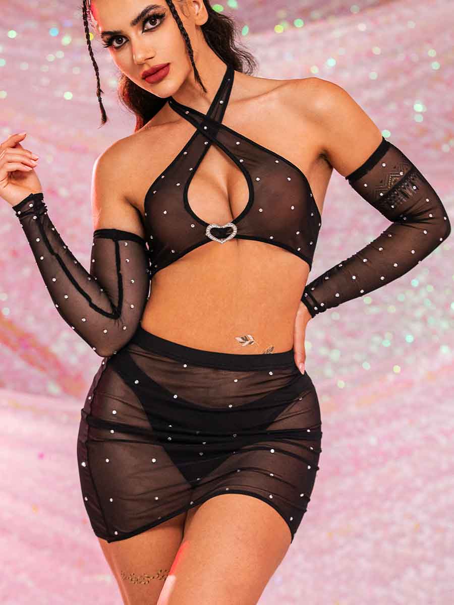 Rhinestone Mesh Set - Sleeves + Halter Bra + Skirt Suit - Image 6