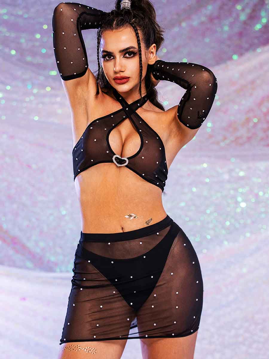 Rhinestone Mesh Set - Sleeves + Halter Bra + Skirt Suit - Image 7