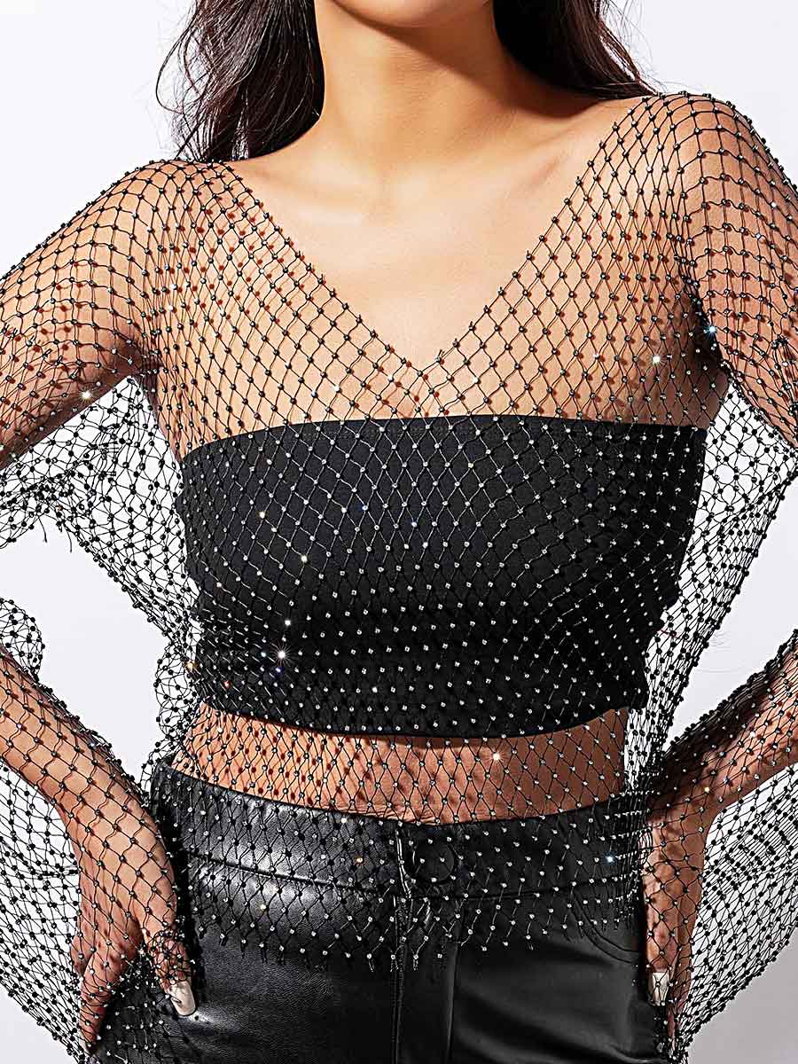 V-Neck Long Sleeve Sheer Short Rhinestone Mesh Shirt - Image 4