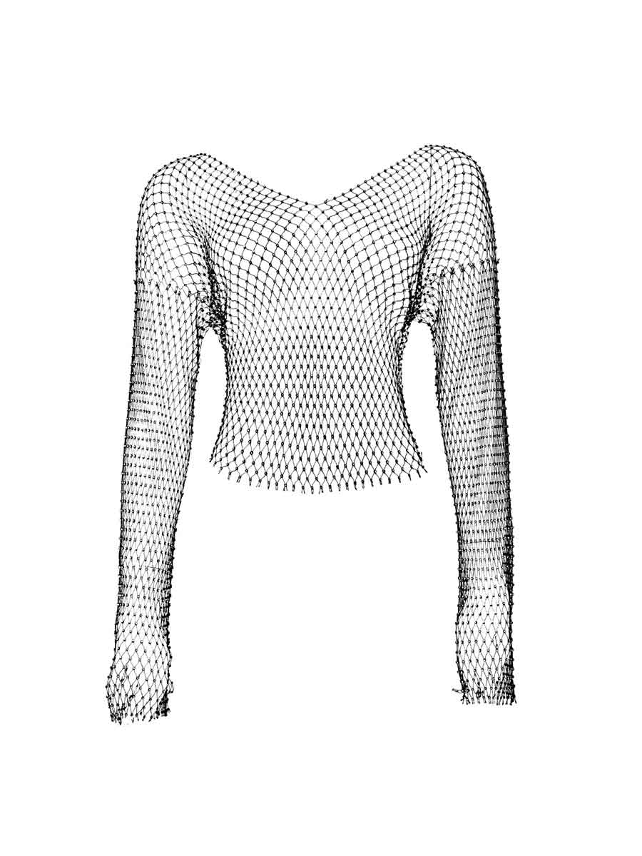 V-Neck Long Sleeve Sheer Short Rhinestone Mesh Shirt - Image 5