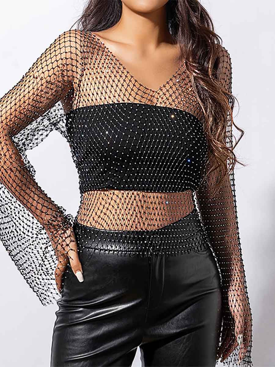 V-Neck Long Sleeve Sheer Short Rhinestone Mesh Shirt - Image 6