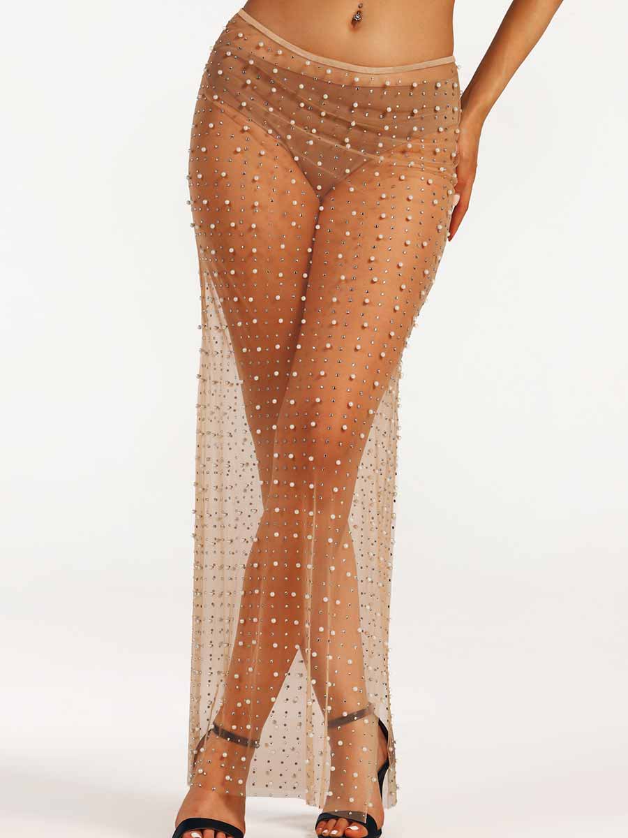 Rhinestone Pearl Sheer Straight Long Skirt - Image 3